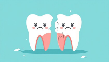 Two cartoon teeth, one healthy and one cracked, illustrate dental care and prevention.
