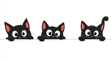 53.Vector illustration of funny black cat shapes hiding behind a wall, each with unique playful poses&acirc;&euro;&rdquo;some stretching paws out, others peeking sideways&acirc;&euro;&rdquo;all in a clean cartoon style on a white