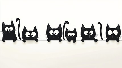 53.Vector illustration of funny black cat shapes hiding behind a wall, each with unique playful poses&acirc;&euro;&rdquo;some stretching paws out, others peeking sideways&acirc;&euro;&rdquo;all in a clean cartoon style on a white