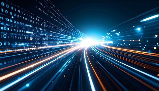 Futuristic abstract digital highway with glowing light trails and binary code representing high-speed data flow and technological advancement.