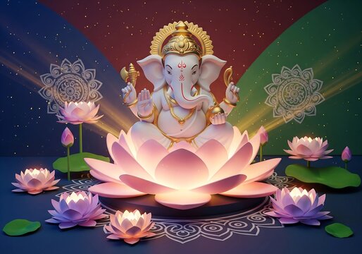 Lord Ganesha on Lotus A Divine Hindu Illustration for New Beginnings