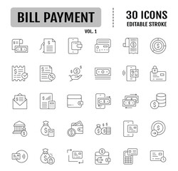 Bill Payment Icon set.  Containing bill, payment, money, atm, cash, document and more. Vector illustration