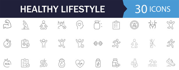 Healthy Lifestyle line Icon Set. Features icons of diet, gym, fitness activity, and body health. Perfect for wellness apps and healthcare UI.