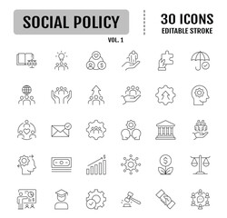 Social Policy Line Editable Icons set.  Containing education, reform, services, welfare, health care, legislation, society, and more. Vector illustration