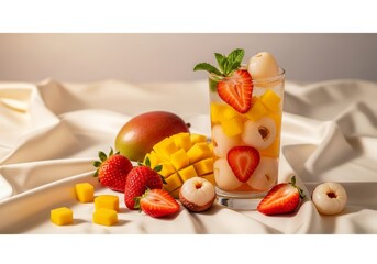 Strawberry, mango, and lychee iced drink in transparent glass, fruits on cream satin, medium shot