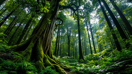 Ancient Moss Covered Tree in Lush Green Forest