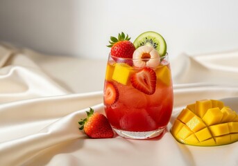 Strawberry, mango, and lychee iced drink in transparent glass, fruits on cream satin, medium shot