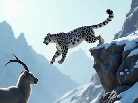 L&eacute;opard des neiges bondissant entre deux falaises enneig&eacute;es face &agrave; un bouc en montagne majestueuse