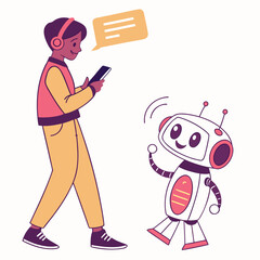 Young man with headphones interacting with robot communication