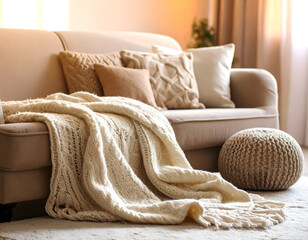  Warm and inviting living room interior with a comfortable sofa and soft knitted throw blanket