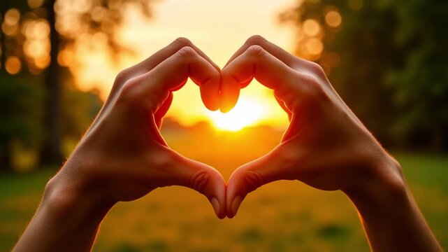 Hands making heart shape with sun flare during romantic sunset outdoors 

