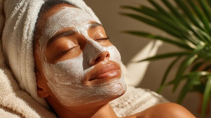 A woman relaxes with a calming facial mask, bathed in soft natural light.