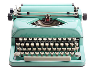 Turquoise vintage typewriter isolated on transparent background, a classic writing machine that embodies retro charm and nostalgic appeal for authors