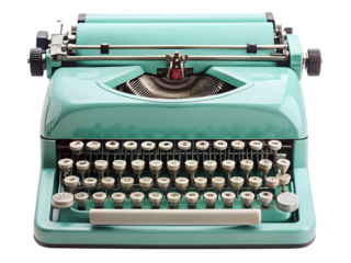 Turquoise vintage typewriter isolated on transparent background, a classic writing machine that embodies retro charm and nostalgic appeal for authors