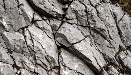 Close-up view of a fractured grey rock surface showing intricate cracks and natural geological patterns.