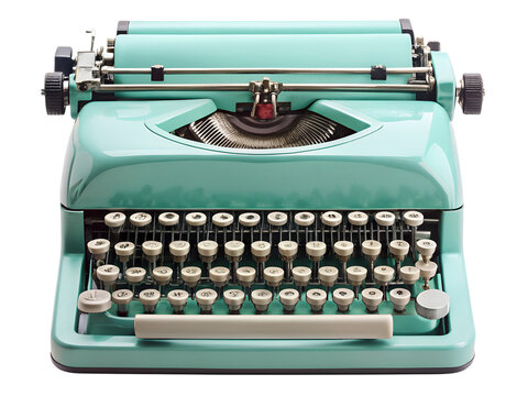 Turquoise vintage typewriter isolated on transparent background, a classic writing machine that embodies retro charm and nostalgic appeal for authors