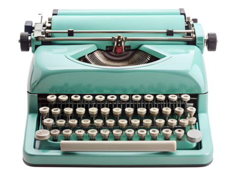 Turquoise vintage typewriter isolated on transparent background, a classic writing machine that embodies retro charm and nostalgic appeal for authors