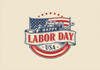 Happy Labor Day USA Vintage Badge with American Flag and Construction Workers | Patriotic Holiday Illustration for Posters, Banners, Social Media and Print Marketing