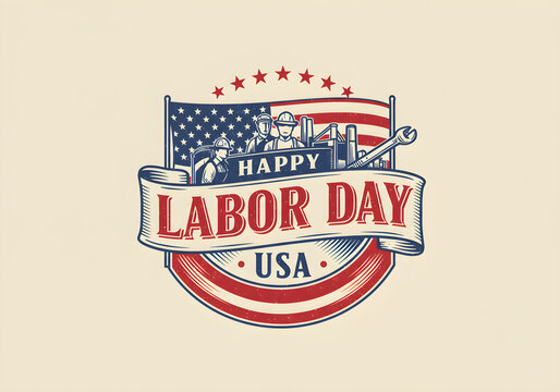 Happy Labor Day USA Vintage Badge with American Flag and Construction Workers | Patriotic Holiday Illustration for Posters, Banners, Social Media and Print Marketing