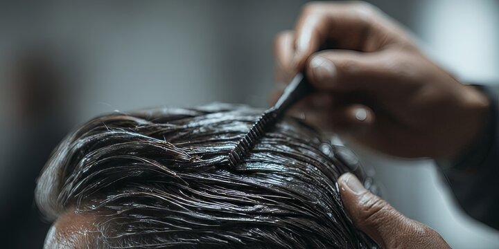 Hairdresser applying hair dye with comb in salon