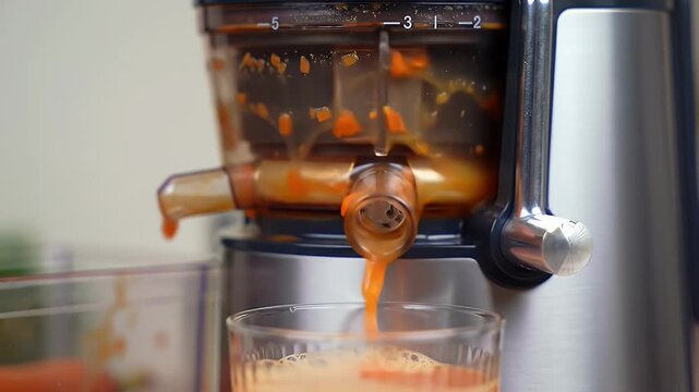 Detailed Close Up of Carrot Juice Pouring From Electric Juicer Into a Clear Glass With a Silver Juicer Body Fresh Carrot Juice Preparation Still Life Scene with Table Top Composition Healthy Eating