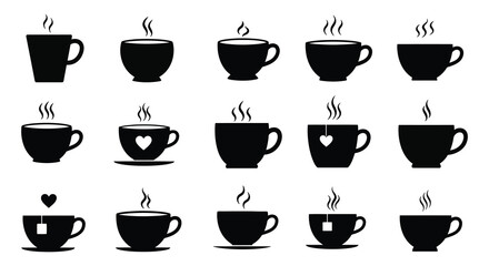 Collection of black coffee cup silhouettes with steam and heart designs