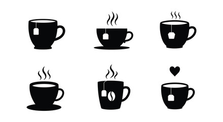 A set of black silhouette coffee cups with steam and tea bags
