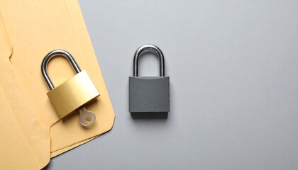 Single unlocked padlock beside open folder, top down composition