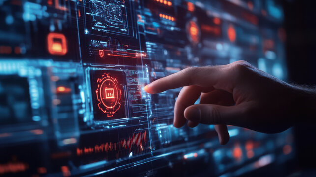 A hand interacting with a futuristic interface displaying complex data and graphical elements in red and blue