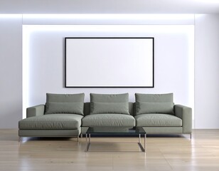 Modern living room with green sofa and frame mockup in A paper size on bright wall, simple and elegant design