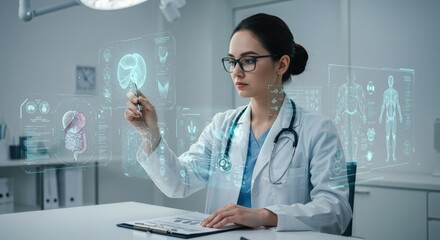 Doctor Analyzing Futuristic Medical Hologram in Clinic.