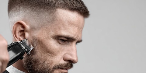 Fototapeta premium Hairdresser using hair clipper on bearded man in barbershop