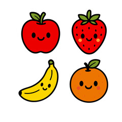 Adorable kawaii fruit illustration set featuring apple, strawberry, banana, and orange with happy smiling faces. Perfect for kids food design, healthy lifestyle promotion, restaurant branding,