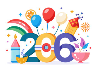 Happy new year 206 celebration with balloons and fireworks