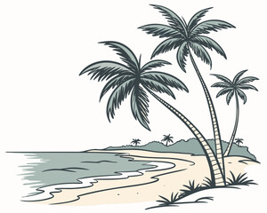 Tropical beach scene with palm trees and ocean waves