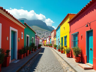 Obraz premium Ruelles pittoresques aux maisons colorées sous un ciel bleu éclatant au pied des montagnes