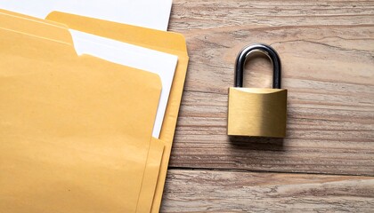 Single unlocked padlock beside open folder, top down composition