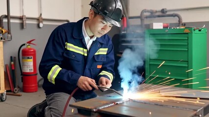 Worker welding metal in a workshop