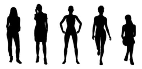 Blurred female figure silhouettes in various poses isolated on transparent background