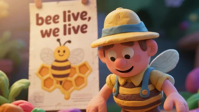 Claymation character in bee costume near a poster about bees.