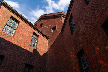 low angle view of the old red brick building