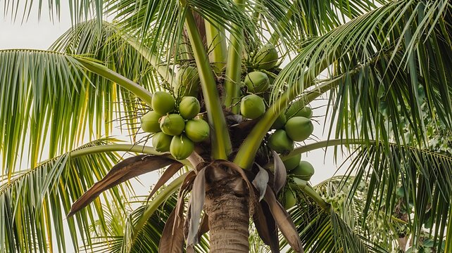Tropical coconut palm abundance with clusters of green coconuts growing on branches against lush leafy background