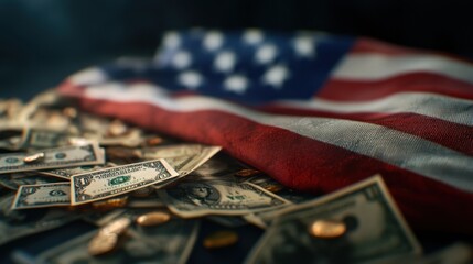 Closeup of flag of USA with cash on dark background, concept image for inflation and tariffs