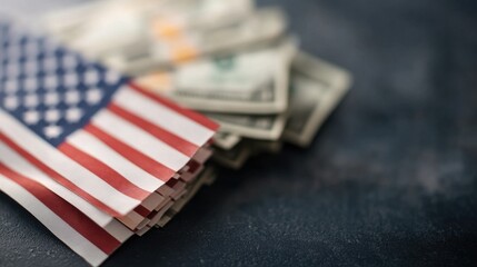 Closeup of flag of USA with cash on dark background, concept image for inflation and tariffs