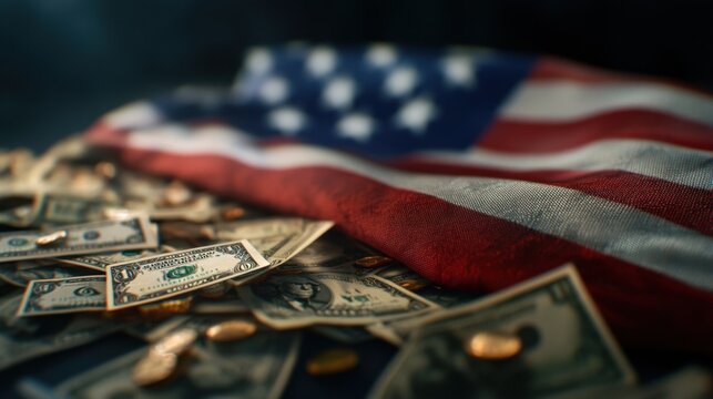 Closeup of flag of USA with cash on dark background, concept image for inflation and tariffs