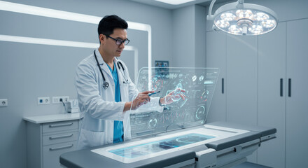 Doctor Examining Futuristic Medical Display in Operating Room.