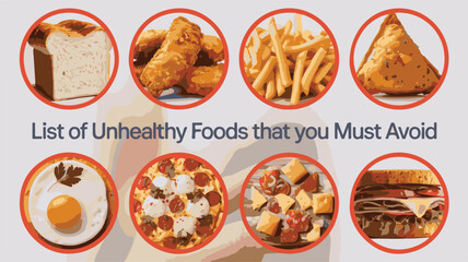 Collection of Unhealthy Foods to Avoid Presented in Circular Frames with Text junk food diet