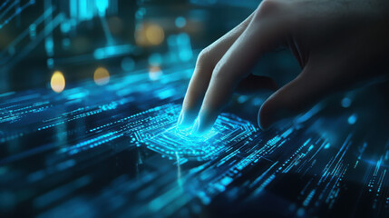 Finger touching glowing blue fingerprint scanner with abstract circuit board pattern design elements