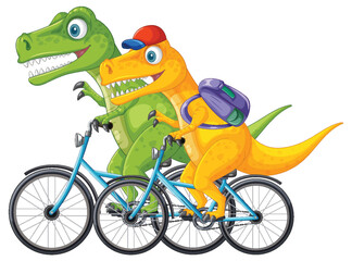 Two Cartoon Dinosaurs Riding Bicycles Side by Side