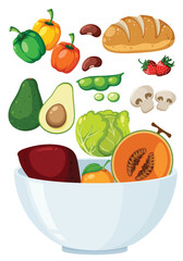 Fresh Vegetables and Fruits Falling Into Salad Bowl